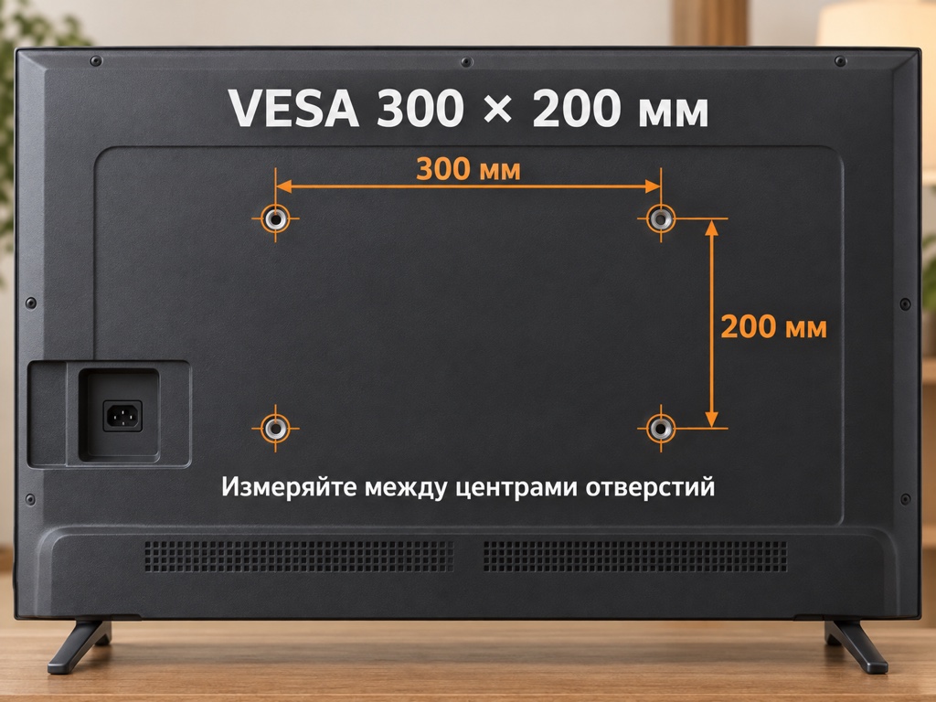 Как измерить VESA: горизонтальное расстояние между центрами отверстий 300 мм, вертикальное 200 мм