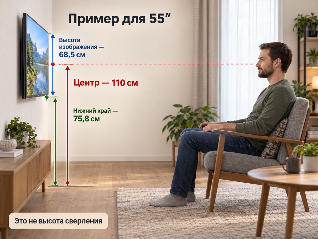 Пример высоты экрана 55 дюймов: центр 110 см, нижняя граница изображения около 75,8 см; это не высота сверления